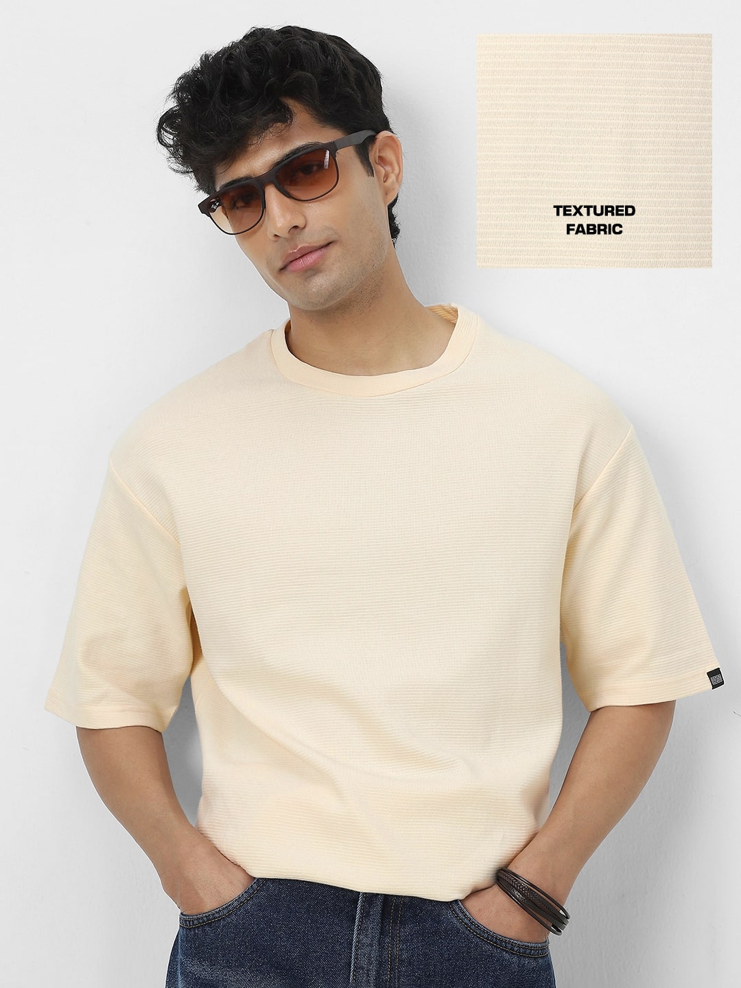 Men's Cloud Cream Textured Round Neck Oversized Half Sleeve Cotton T-Shirt