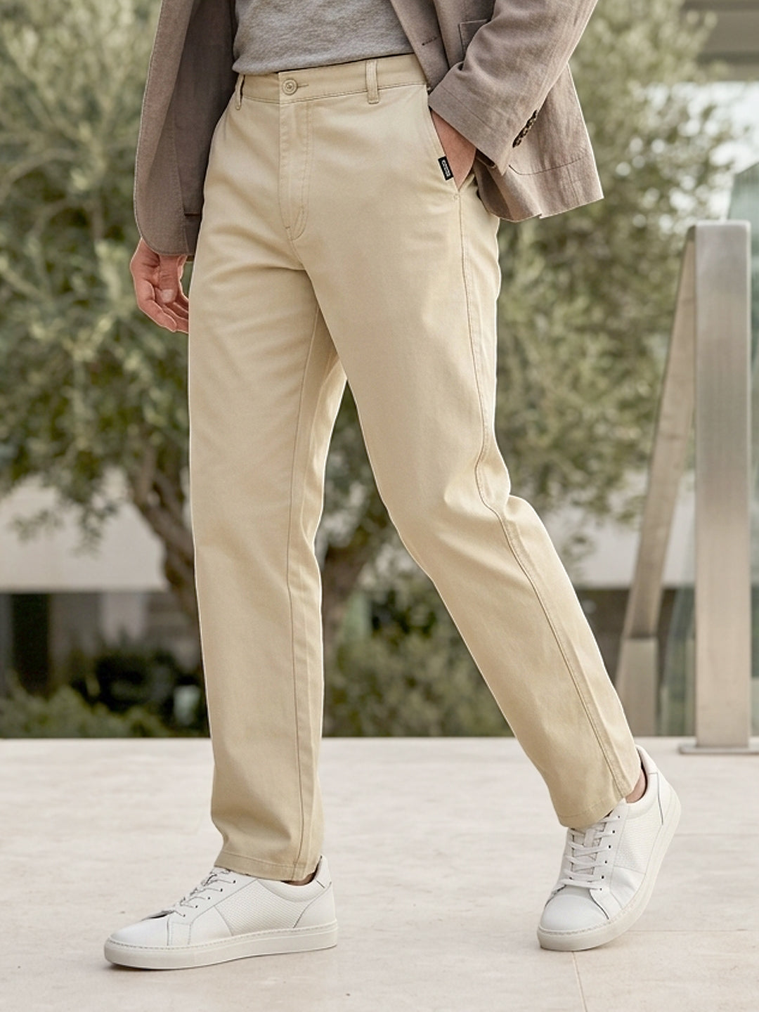 Men's Cream Cotton Regular Fit Casual Chinos Trousers Stretch
