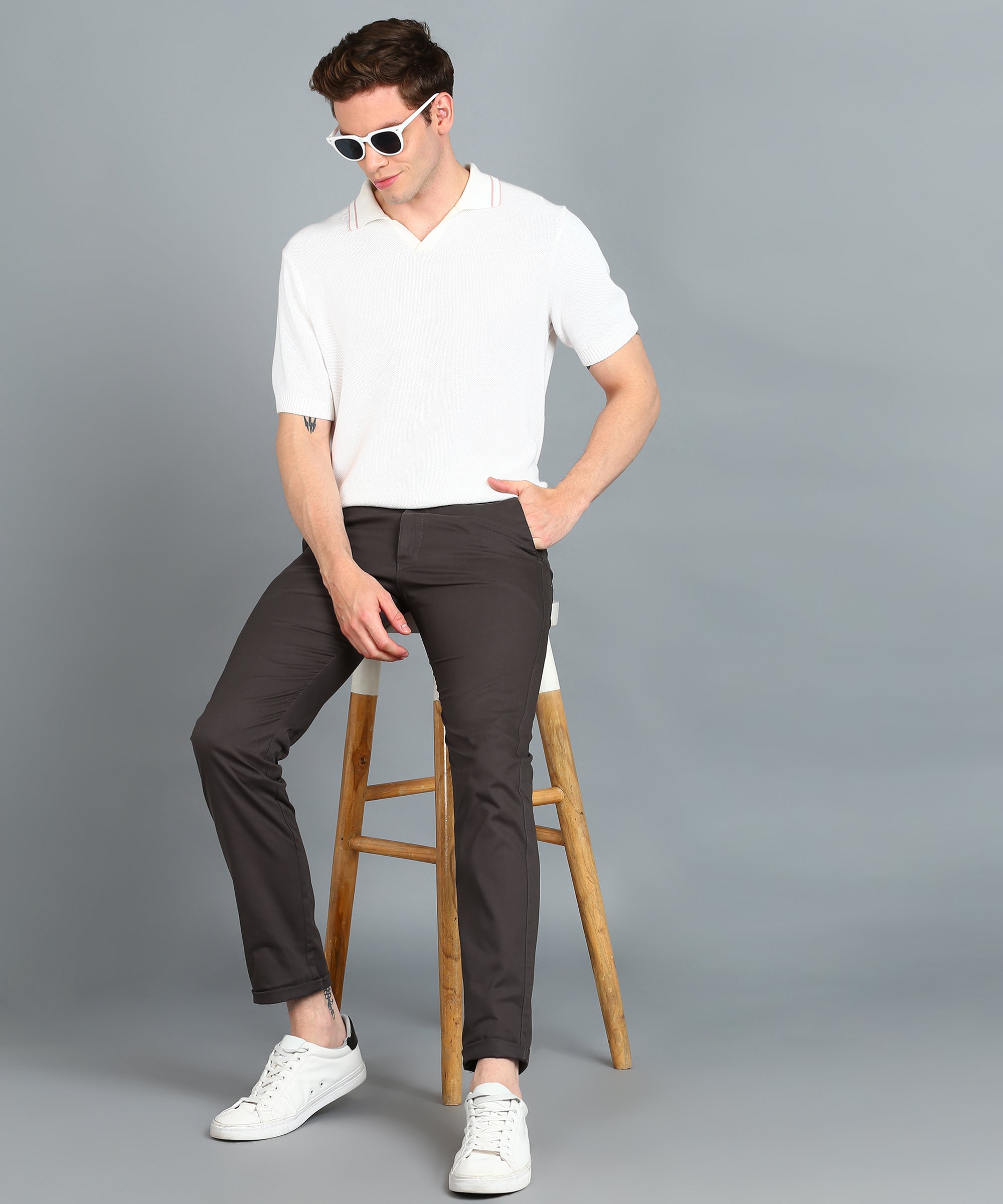 Men's Grey Cotton Slim Fit Casual Chinos Trousers