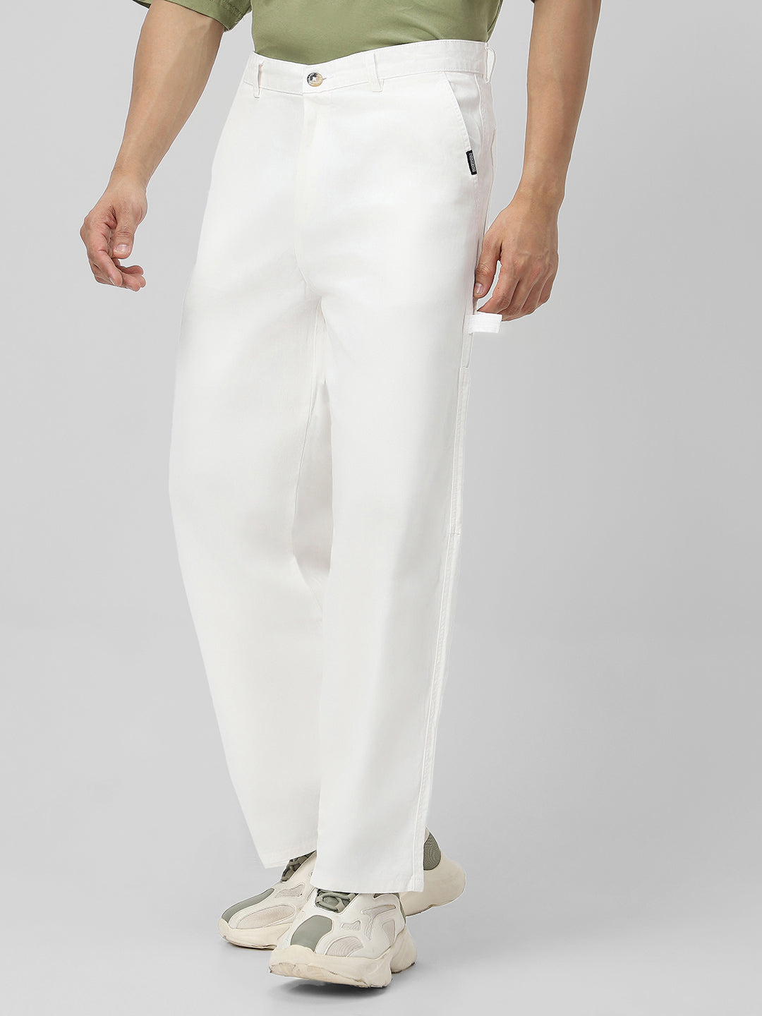 Men's White Loose Baggy Fit Solid Carpenter Trouser Pant with 5 Pockets Non-Stretchable