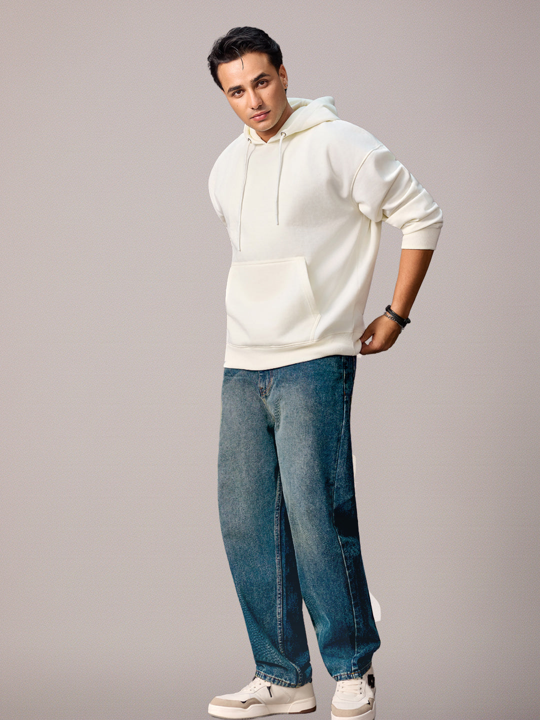 Men's Dark Blue Loose Baggy Fit Washed Jeans Non-Stretchable