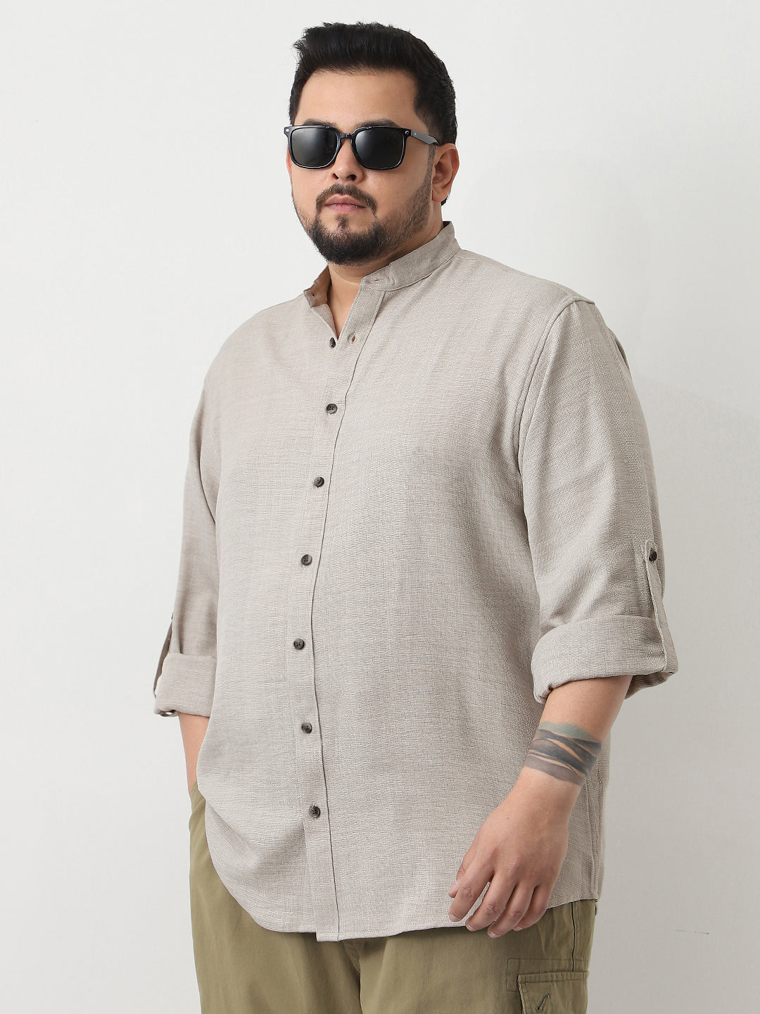 Plus Men's Beige Linen Blend Full Sleeve Relaxed Fit Mandarin Collar Casual Solid Shirt