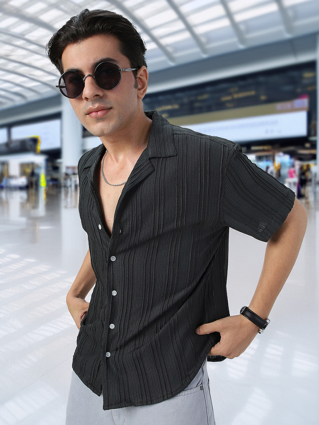 Men's Dark Grey Cotton Half Sleeve Oversized Fit Textured Shirt with Cuban Collar