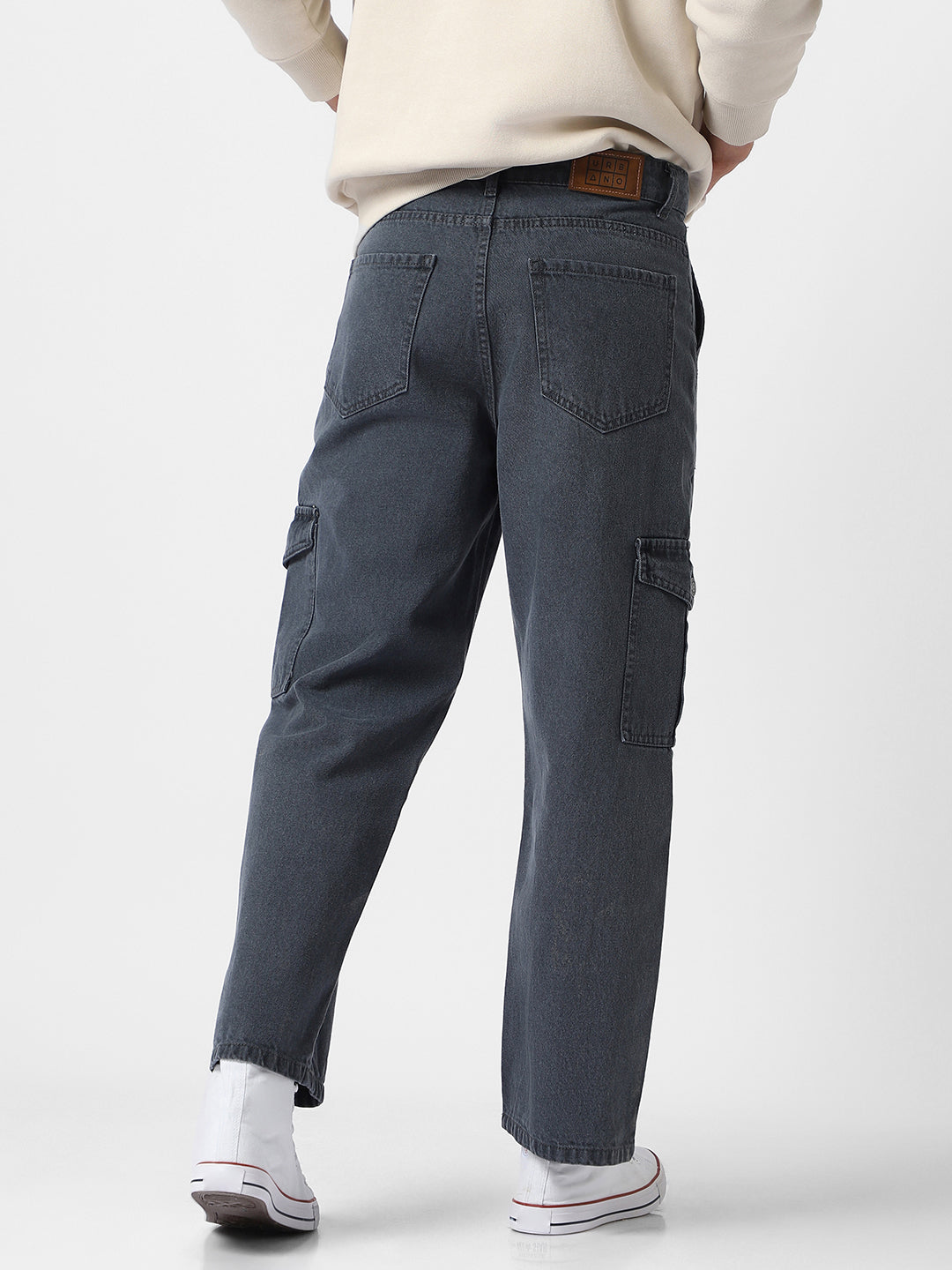 Men's Grey Loose Fit Cargo Jeans with 6 Pockets Non-Stretchable