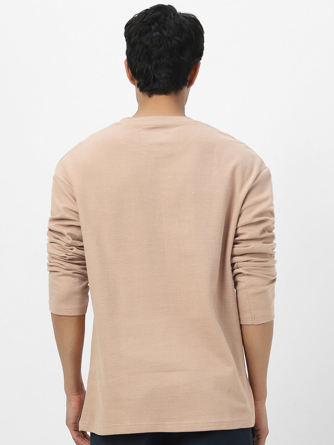 Men's Ginger Root Textured Round Neck Oversized Full Sleeve Cotton T-Shirt