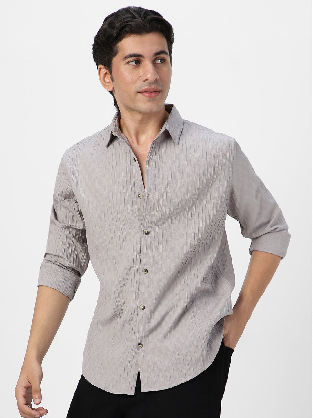 Men's Ice Grey Cotton Full Sleeve Regular Fit Textured Shirt with Spread Collar