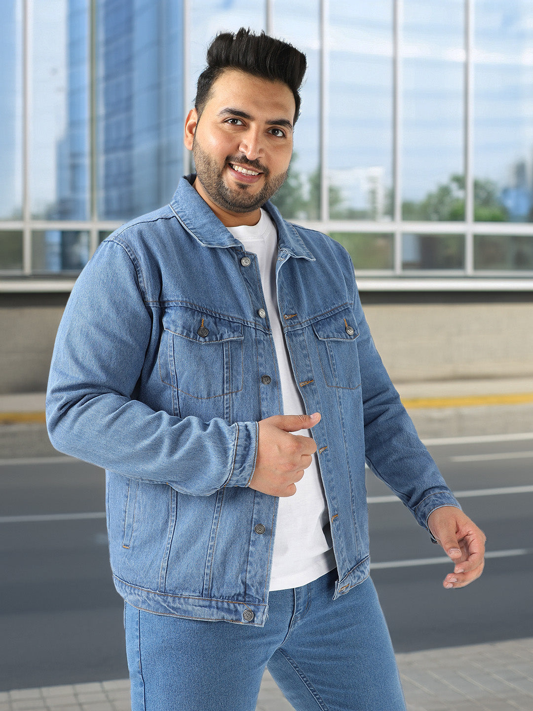 Plus Men's Light Blue Regular Fit Washed Full Sleeve Denim Jacket