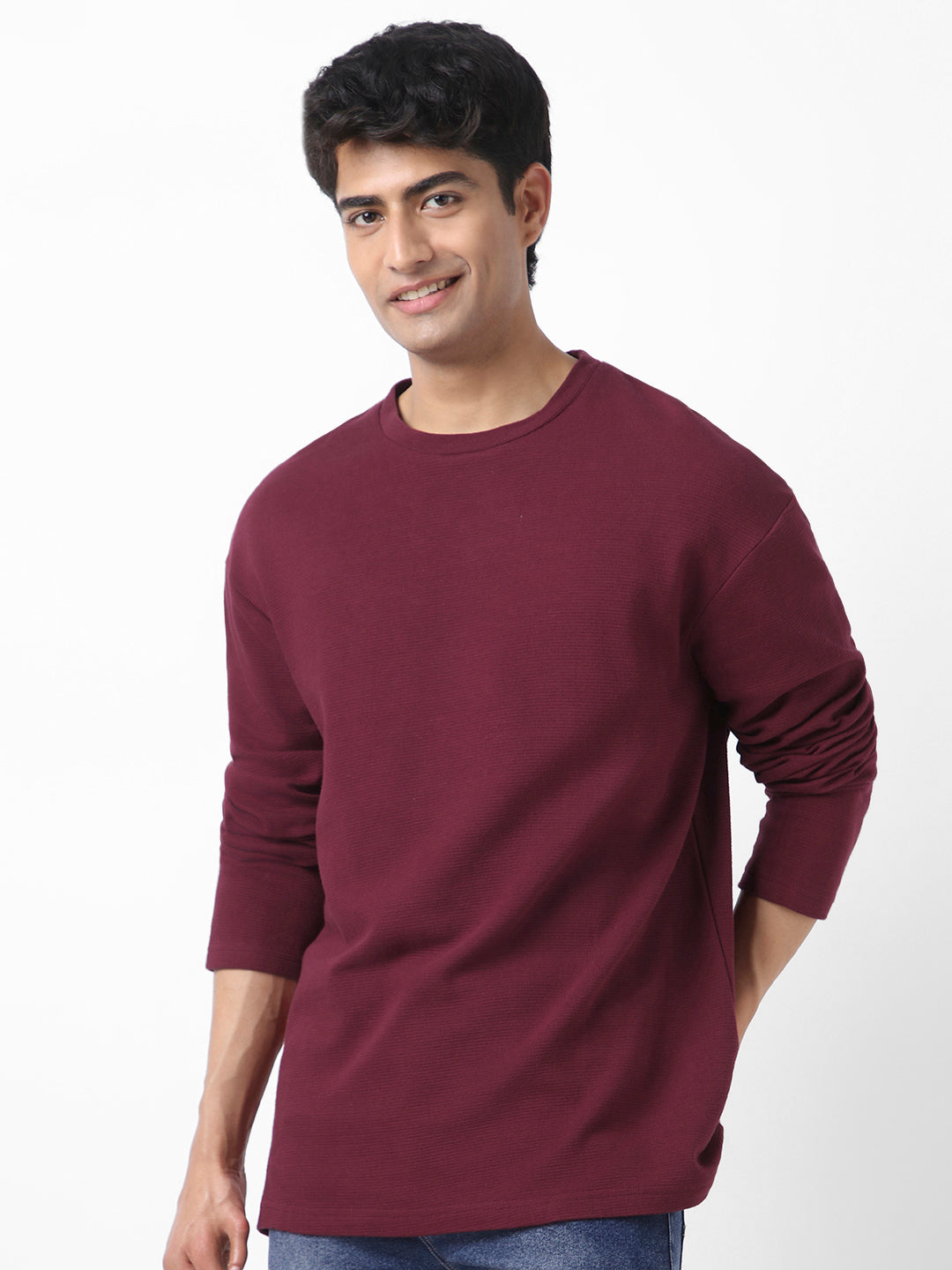 Men's Plum Textured Round Neck Oversized Full Sleeve Cotton T-Shirt