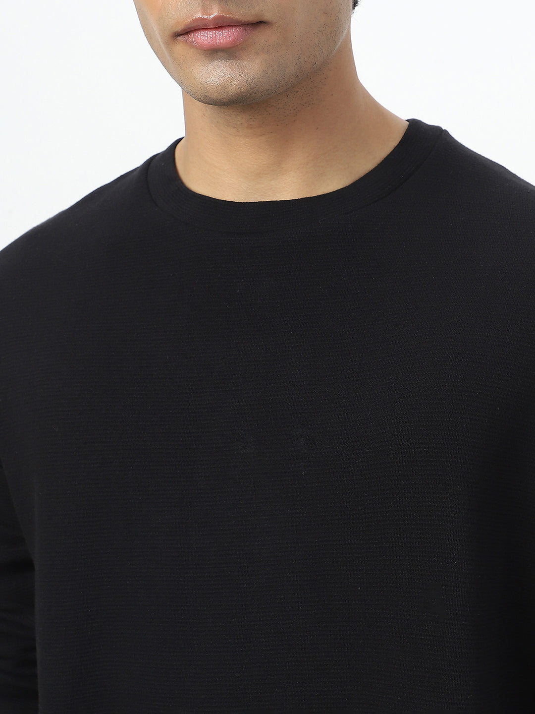 Men's Black Textured Round Neck Oversized Full Sleeve Cotton T-Shirt