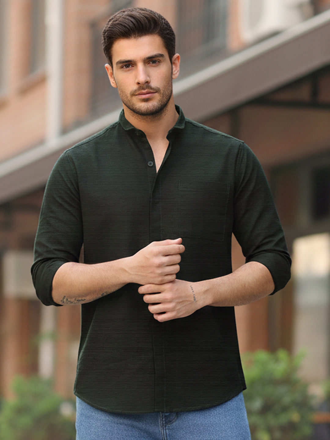 Men's Olive Cotton Full Sleeve Regular Fit Casual Solid Shirt with Band Collar