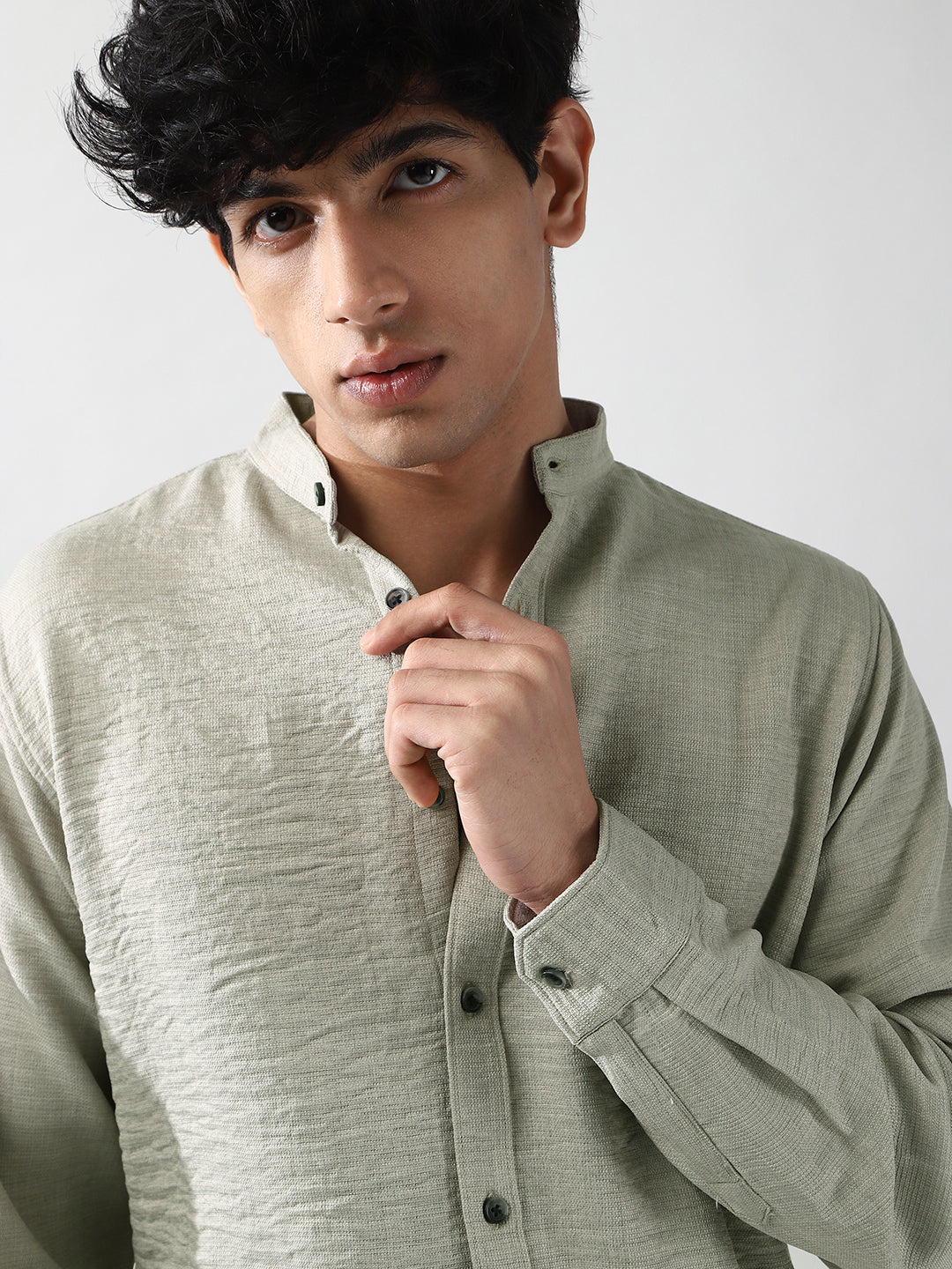 Men's Beige Linen Blend Full Sleeve Relaxed Fit Mandarin Collar Casual Solid Shirt